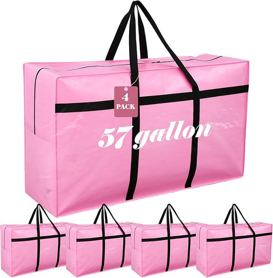 Windyun 4 Pack 57 Gallon Extra Large Storage Bags XXL Moving Bags with Zipper Handles Heavy Duty Jumbo Big Totes Box for Halloween Skeleton 4-12 Feet Christmas Tree Storage College Dorm Cloth (Pink)