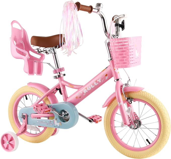 RULLY Kids Bike 12 14 16 inch for 2-7 Years Girls with Training Wheels & Front Handbrake, Kids Bicycle with Basket Bike Streamers Toddler Cycle Bikes