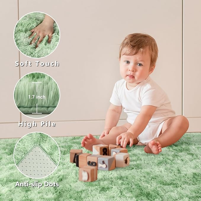Nuttumico Fluffy Modern Area Rugs for Living Room Bedroom, 4x6 ft Sage Green Tie-Dyed Plush High Pile Rug for Kids Girls Room Nursery Home Decor, Upgrade Non-Slip Soft Indoor Rug