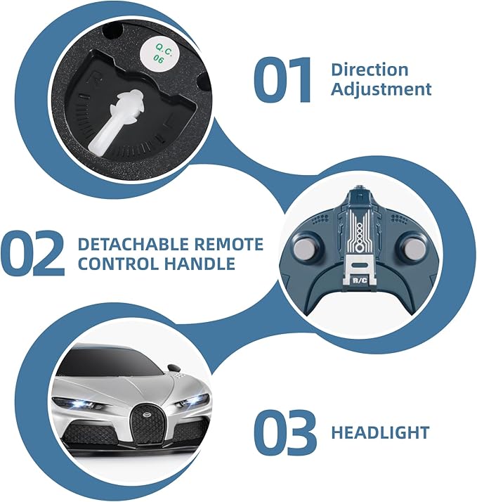 MIEBELY Remote Control Car - 1/24 Scale Fast Rc Race Car, Bugatti Chiron 3.7V 500 mAh Car Toys with Headlight, Racing Hobby Car Model Birthday Ideal Gifts for Adults Kids Boys Age 6 7 8 9 10 Year Old