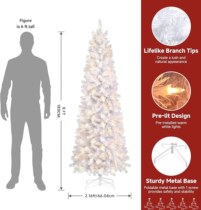 SHareconn 6 ft Prelit Artificial Hinged Slim Pencil Christmas Tree with Warm White Lights, Full Branch Tips, Good Choice Decoration for Xmas Holiday, 6 FT, White