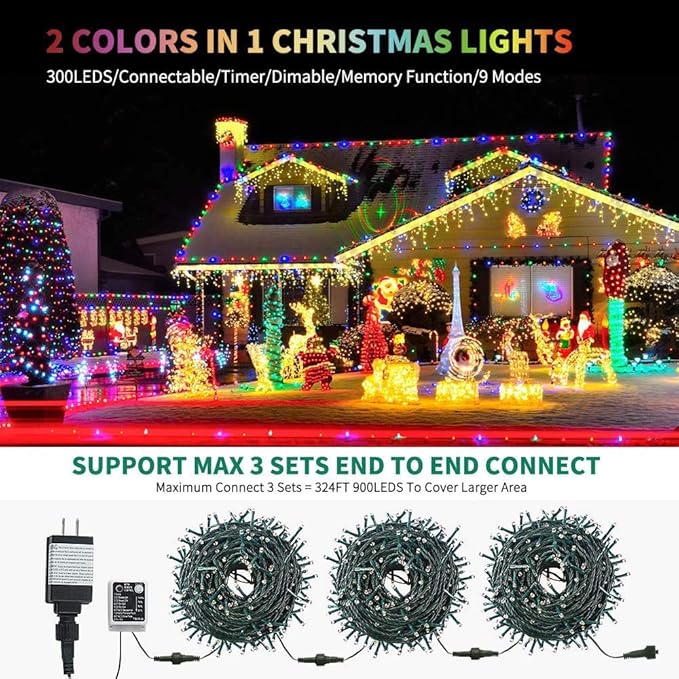 Haili Christmas Lights Outdoor,105FT 300 LED Color Changing Lights with Timer Remote, UL Certified 9 Lighting Modes for House Christmas Tree Halloween, Garden, Party, Wedding Decoration
