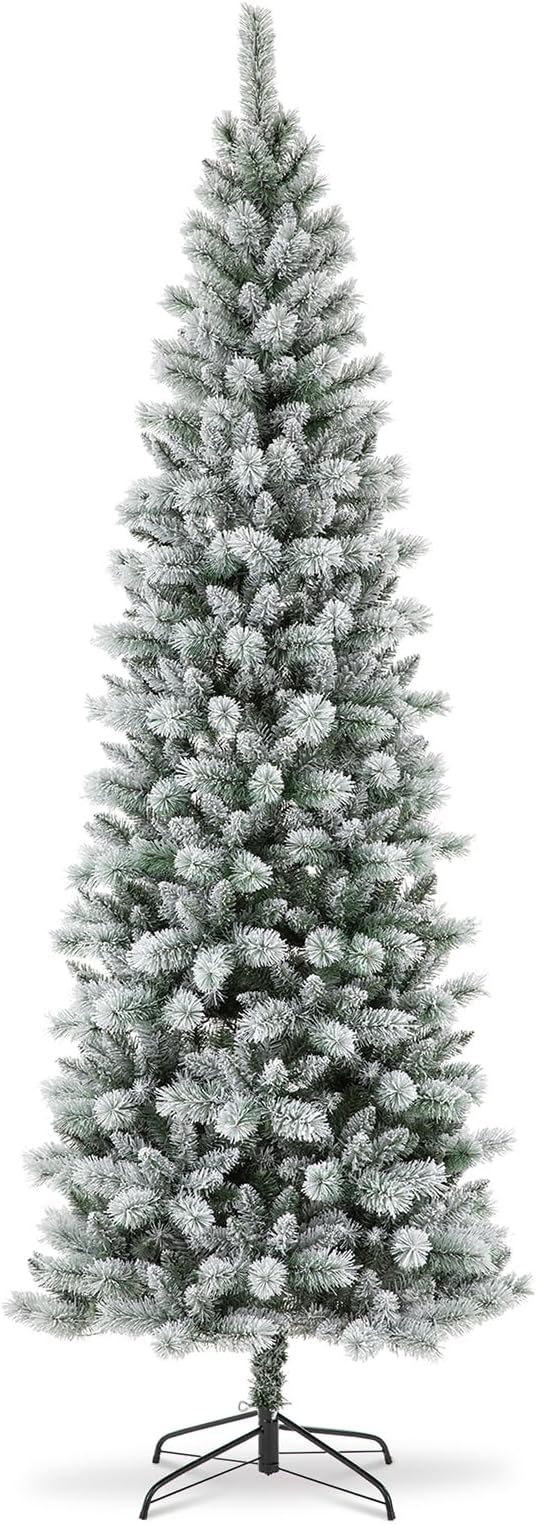 Glitzhome 9ft Prelit Christmas Tree, Artificial Christmas Tree Portland Snowy Pine Flocked Pencil Christmas Tree with 450 LED Lights, 9 Functional Warm White/Multi-Color, Remote Controller