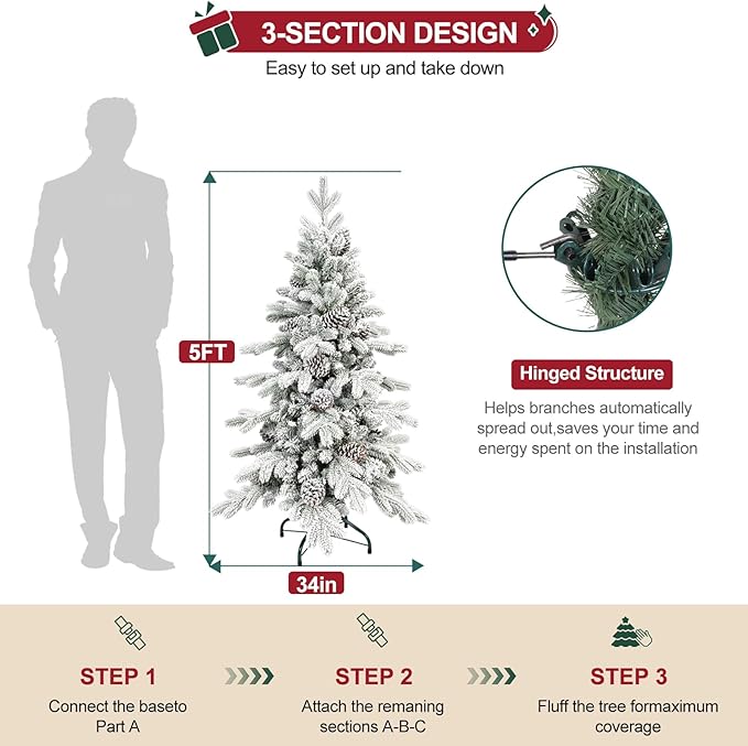 5 FT Snow Flocked Slim Fir Christmas Tree with 671 PE & PVC Mixed Branch Tips,Unlit Artificial Skinny Pencil Xmas Tree with 25 Pine Cones,Hinged Premium Xmas Trees for Home,Office,Party Decoration
