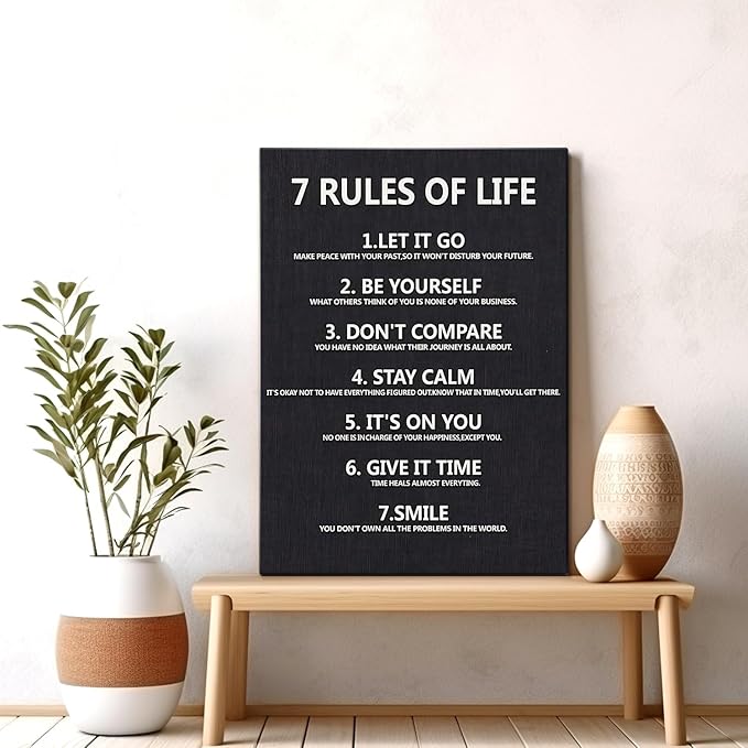 7 Rules of Life Motivational Wall Decor Inspirational Wall Art for Office & Home - Positive Quotes Canvas Prints Ready to Hang, Uplifting Wall Decor for Living Room, Bedroom or Office Wall Art