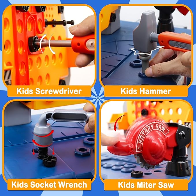 PIXATA Kids Tool Bench, Realistic and Electric Drill, Transformable Tool Set, Toddler Bench Pretend Play Learning Gift for Boys & Girls