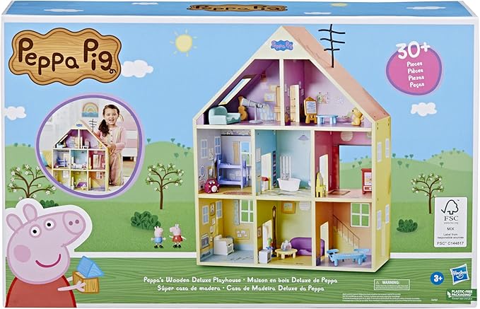 Peppa Pig Wooden Deluxe Playhouse, 8 Rooms, Includes 2 Fun Figures and 29 Accessories, Made of Responsibly Sourced Wood, for Ages 3 and Up (Amazon Exclusive)