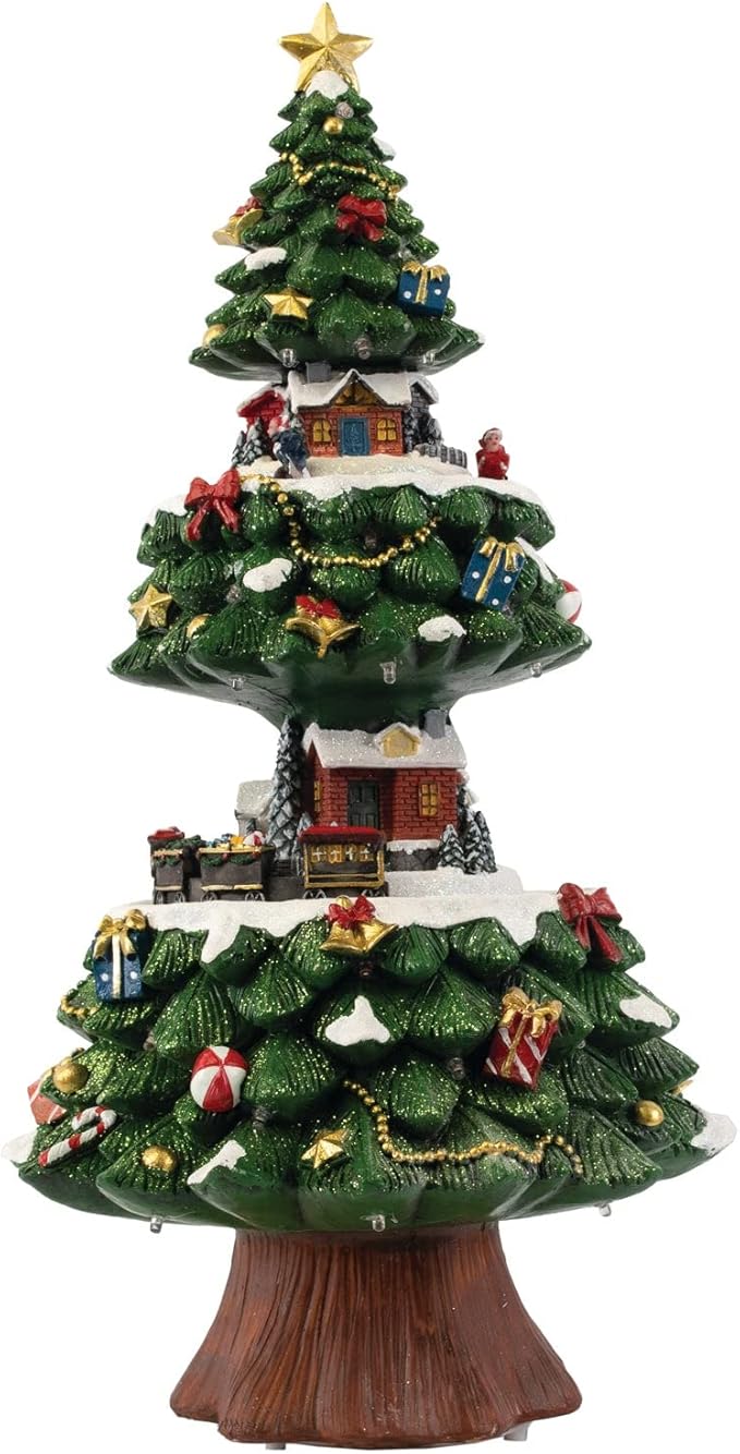 Animated Light Up Christmas Tree | Village House Collection Accessories Figurines for Decorations and Gift | Motion and Sound With Multicolor LED Lights