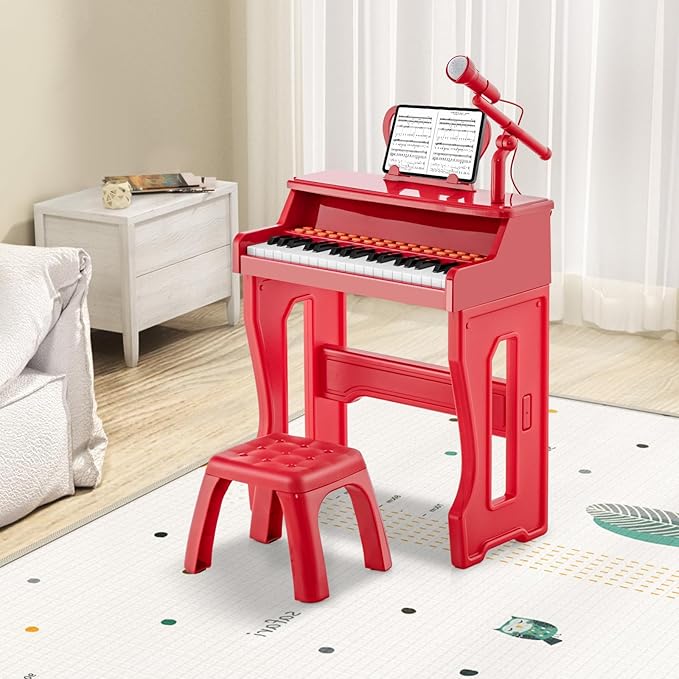 HONEY JOY Kids Piano, 37-Key Red Kids Keyboard Piano w/ Music Stand & Bench, Gift for Babies w/ Microphone, Portable Electronic Educational Musical Instrument, Toddler Piano for Girls Boys