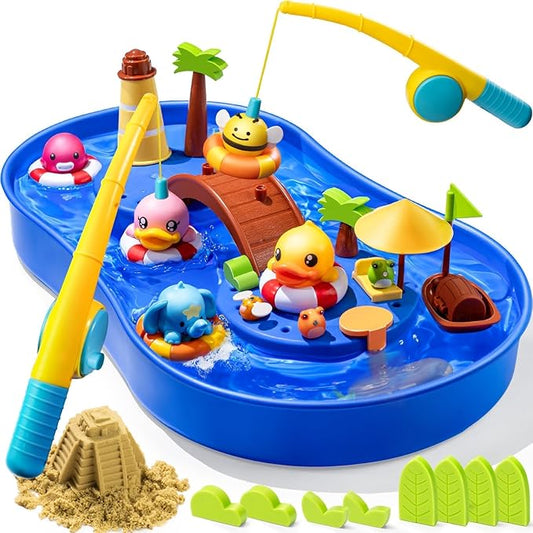 Geyiie Big Magnetic Fishing Pond with Magic Sand & Water Play - Summer Toy for Toddlers and Babies, 20.5 x 12.6 x 2.4 Inches