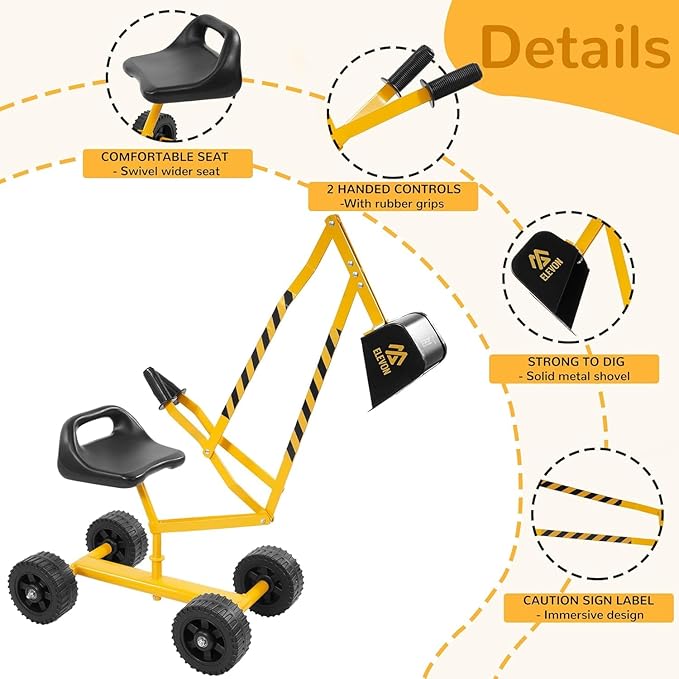 Sand Digger Excavator Toys for Kids Outdoor Sandbox Digger Crane with 360 Degree Rotatable Seat Excavator Ride On Toy Beach Toys Great for Sand Dirt and Snow Steel Outdoor Play Toys, Yellow