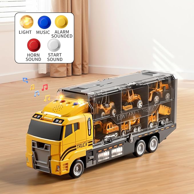 Toddler Boys Construction Truck Vehicle Toy Set with Play Mat and Die-Cast Toy Car, Transport Carrier Truck for Kids 3-5, Birthday Gifts Toys for 3-8 Year Old Boys