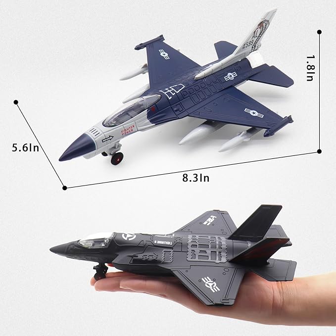 Dollox Metal Army Fighter Jets Model Airplane Toys with Light and Sound, Pull-back Alloy Airplane Toy Set Military Fighter Aircraft Flying Toys Diecast Jet Plane Models for Kids Birthday Gifts, 2 Pack
