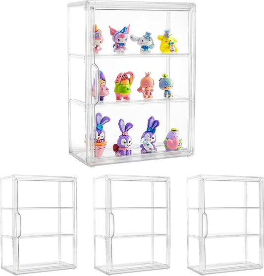 Acrylic Display Case for Collectibles 3 Tier Figure Display Case with 2 Movable Plates Clear Display Cases for Figures with Magnetic Door Tall Display Box, 4 Pack