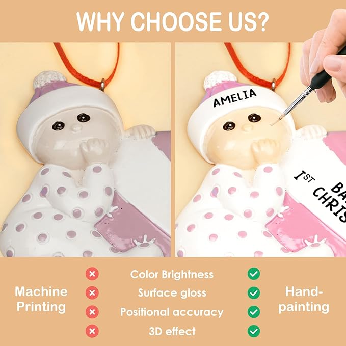 iDIY Personalized Babys First Christmas Ornaments 2025 - Custom Name Baby Ornaments for Christmas Tree - Xmas Gifts Ideal for Baby Grandkids Newborn - Girl or Boy - Pink