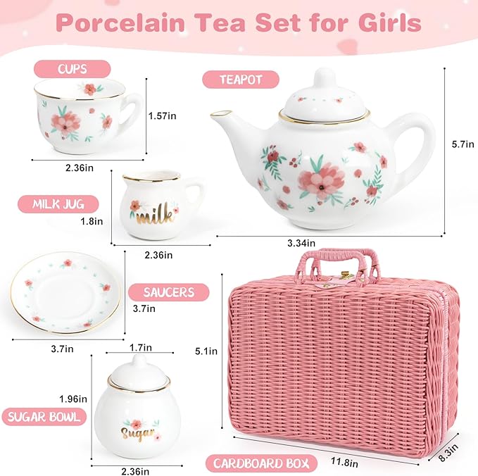 Porcelain Tea Set for Toddlers, Tea Party Set for Little Girls, Pink Floral Teapot Cup Saucer Carry Case, Princess Party Pretend Play Kids Toys, Toddler Girl Birthday Gifts Age 3 - 8 Years Old