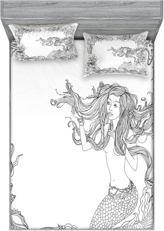 Ambesonne Mermaid Fitted Sheet & Pillow Sham Set, Mermaid in Seashells Starfish Coral Reef Frame Culture Myth Art, Decorative Printed 3 Piece Bedding Decor Set, King, White Grey