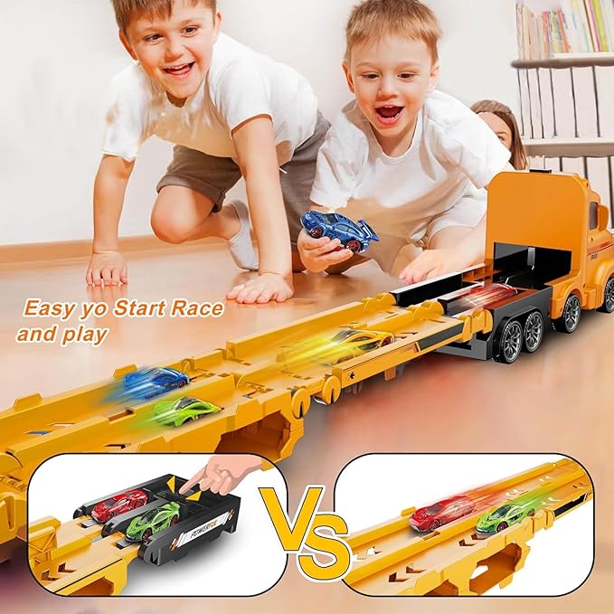 Veslier Toddler Car Truck Toys Gifts for 3 4 5 6 Years Old Boys, Toy Track Set Construction Trucks with 12 Pcs Cast Cars, Transforms into Transport Truck, Gifts for 3 4 5 6 Year Old Boys.