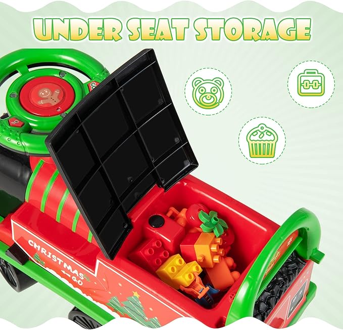 Olakids Kids Ride On Train with Track, 6V Electric Toy with Lights and Sounds, Retractable Footrest, Under Seat Storage, Christmas Theme Battery Powered Gift for Toddlers Boys Girls (Christmas Style)
