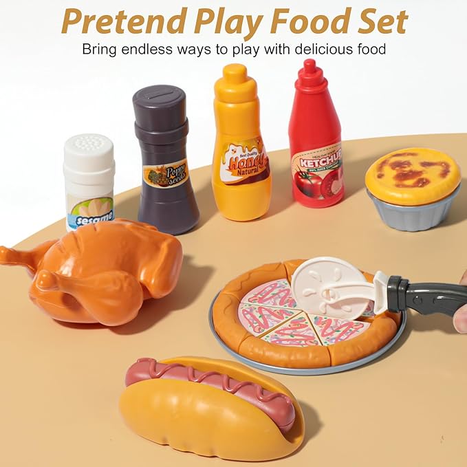 80 Pcs Pretend Play Food Toy for Kids Kitchen Aged 3 4 5, Fast Food Set with Storage Bucket, Pizza, Burger, Ice Cream, Hot Dog, Educational Birthday Toy Gift for Boys Girls