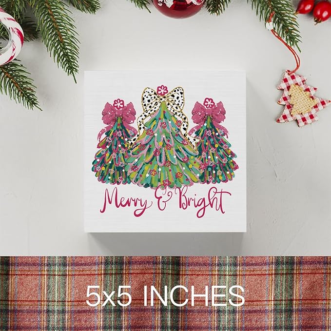 Pink Merry Christmas Wall House Decor Merry and Bright Christmas Tree Coquette Sign, Office Home Decor for Desk Table Shelf 5 X 5 inch