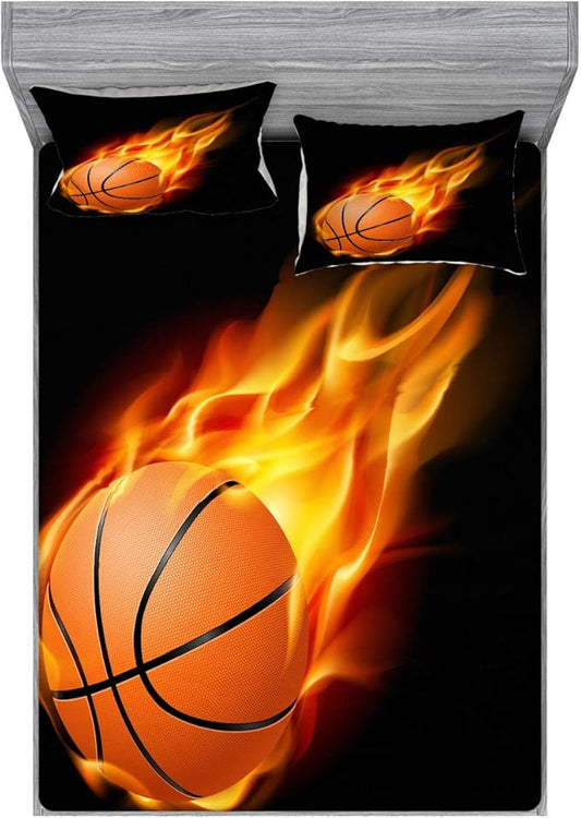 Ambesonne Sports Fitted Sheet & Pillow Sham Set, Basketball Lover Ball on Fire Speed Fireball Shoot Hoops Kids Sporty Fun Art Print, Decorative Printed 3 Piece Bedding Decor Set, Full, Orange Black