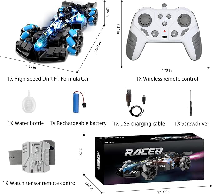2.4GHz Gesture Sensing Remote Control Car - 360° Spin High Speed Drift F1 Formula Racing, with Spray, Music & Light, 2 Control Mode, Toy for Kids 8-12 Year Birthday Coolest Best Toy (Blue)