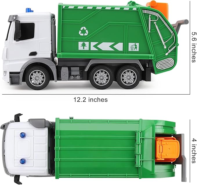 2.4Ghz Remote Control Garbage Truck Toy With Trash Bin and Real Lights - 1/24 Scale 6 Channel Rechargeable RC Recycling Truck Gift for Boys and Kids