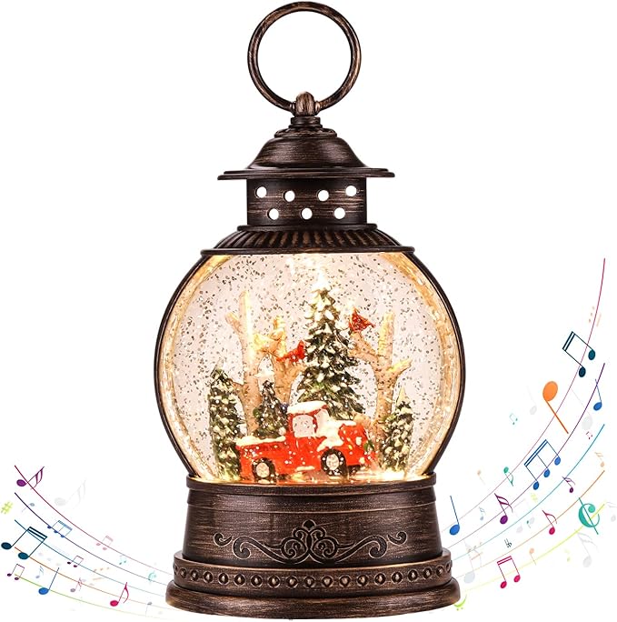 Christmas Snow Globes Lantern, Musical Snow Globe Christmas Decorations Water Lantern, Red Truck and Christmas Tree Scene Rotating Flashing Lanterns, Holiday Decor