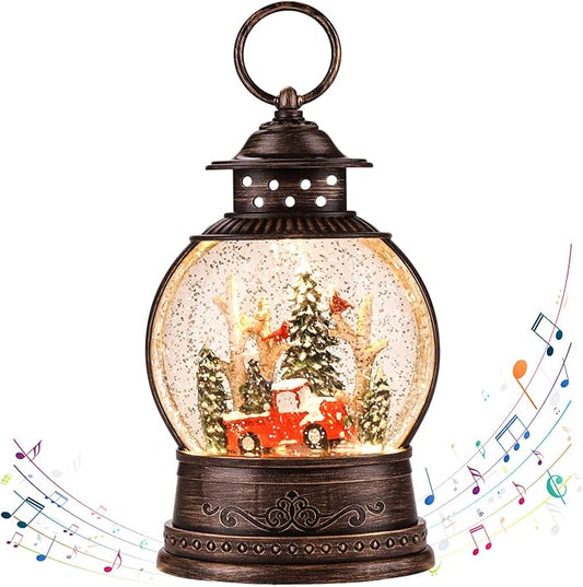 Christmas Snow Globes Lantern, Musical Snow Globe Christmas Decorations Water Lantern, Red Truck and Christmas Tree Scene Rotating Flashing Lanterns, Holiday Decor