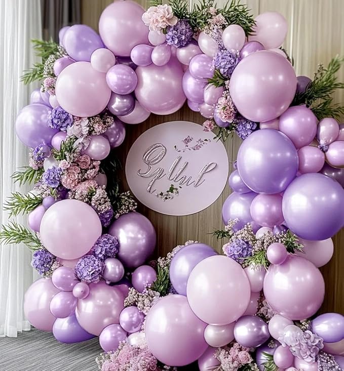 Pearl Purple Balloon Arch, Double Stuffed Light Pastel Purple Balloons Different Size Lavender Lilac Latex Balloon Garland Kit for Birthday Bridal Wedding Baby Shower Party Decorations