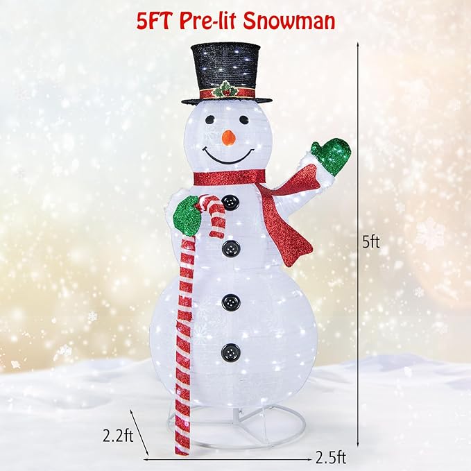 Tangkula 5 FT Pop-up Lighted Christmas Snowman, Large White Pre-lit Christmas Decoration with 180 LED Lights, Hat, Scarf, Indoor Outdoor Xmas Holiday Decor for Party, Yard, Garden, Porch, Lawn