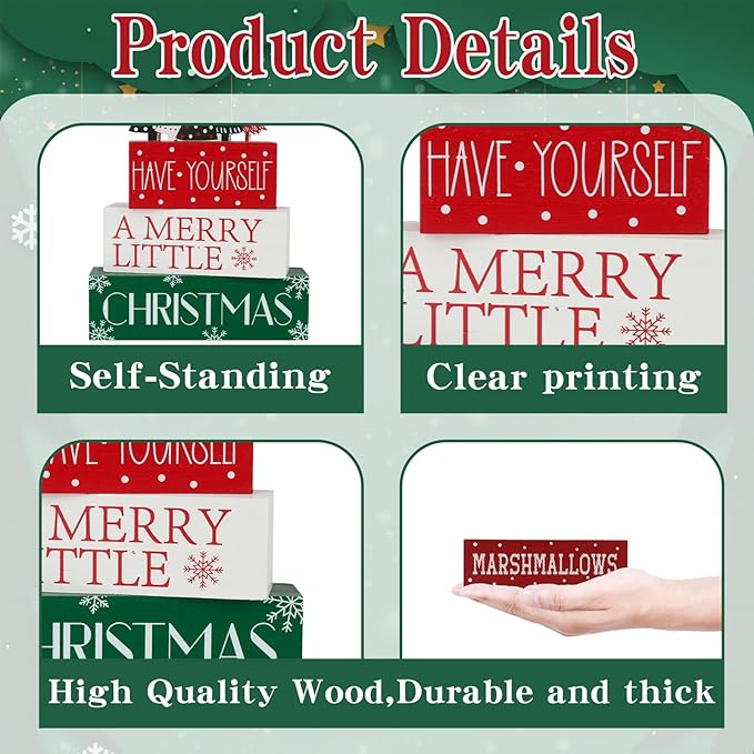 4 Pcs Christmas Table Decor Christmas Tree Wooden Table Decorations Winter Tiered Tray Decor christmas Centerpieces Rustic Decorative Tree Block Signs Gift Xmas table Sign for Home kitchen Shelf