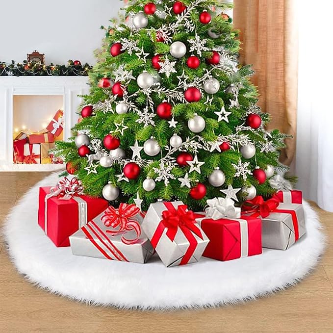94 Inch Christmas Tree Skirt Faux Fur Snow White Luxury Plush Large Size Fluffy Home Holiday Decor Xmas Gift