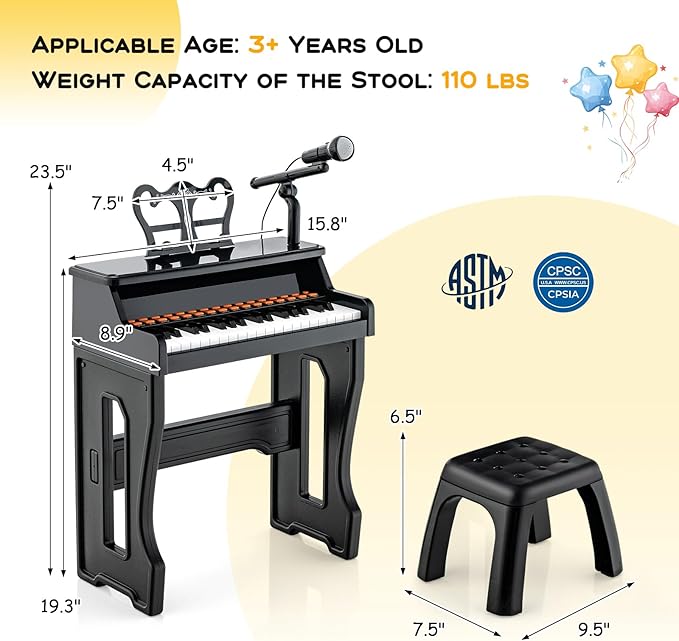 HONEY JOY Kids Piano, 37-Key Black Kids Keyboard Piano w/ Music Stand & Bench, Gift for Babies w/ Microphone, Portable Electronic Educational Musical Instrument, Toddler Piano for Girls Boys