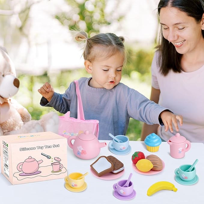 Silicone Tea Party Set for Little Girls,PRE-WORLD 27PCS Toys Toddler Tea Set with Play Food Dessert Cookies,Doughnut,Cake,Carrying Bag,Kids Kitchen Pretend Role Gifts for Girls Boys Age 3 4 5 6