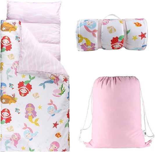 Toddlers Nap Mat with Removable Pillow and Soft Blanket, Lightweight Daycare Preschool Kindergarten Sleeping Bag, Travel Slumber for Kids Girls Boys