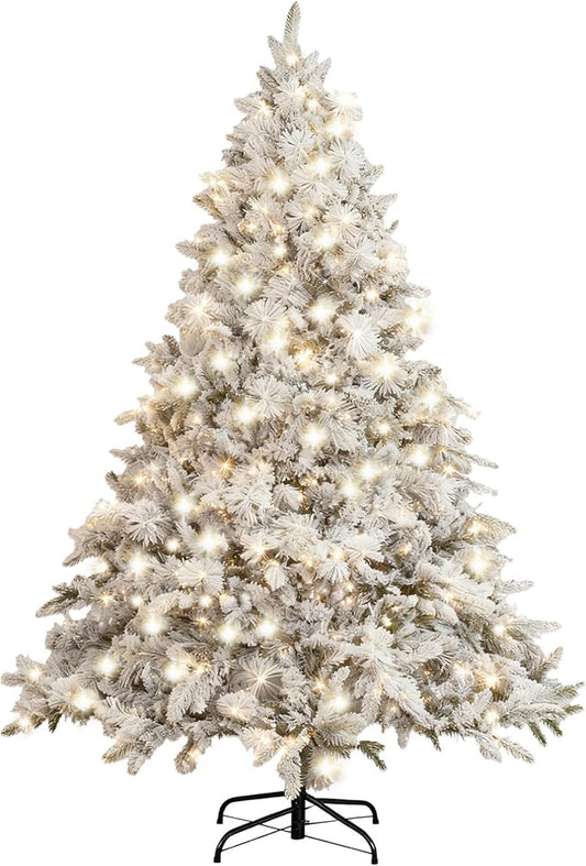 6ft Snow-Flocked Artificial Christmas Tree, LED pre-lit Holiday Xmas Tree for Home Office Party Decoration with 860 PE&PVC Hinged Branch Tips and 300 Warm White Lights, Foldable Stand