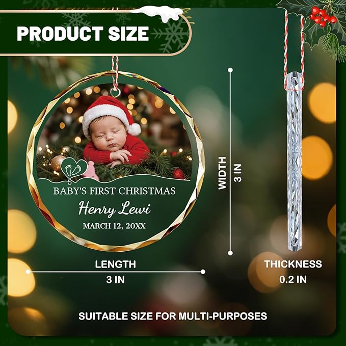 ALBK Custom Baby's First Glass Christmas Ornament 2025 - Personalized Baby Photo Ornament for Christmas Tree, Newborn Birth States Boy Girl Keepsake
