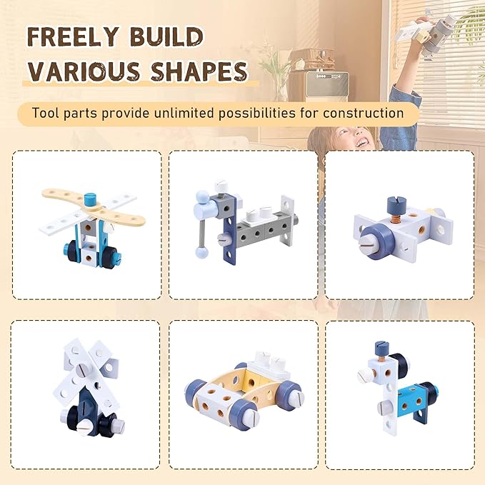 Kids Tool Set, Wooden Kids Tool Workbench Playset with STEM Construction Toys, Toddler Tool Bench with Ample Storage Space and Blackboard, Creative Gifts Tool Bench for Kids Ages 3-7, Dark Blue