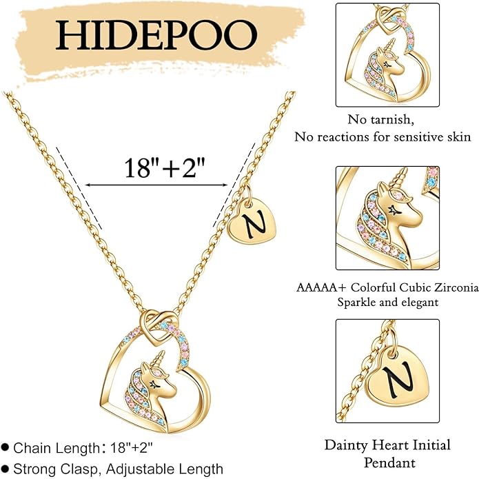 Hidepoo Stocking Stuffers for Teen Girls Kids - Colorful CZ Heart Pendant Initial Unicorn Necklaces for Girl Jewelry Birthday Gift Christmas Gifts for Grandkids Girls Kid
