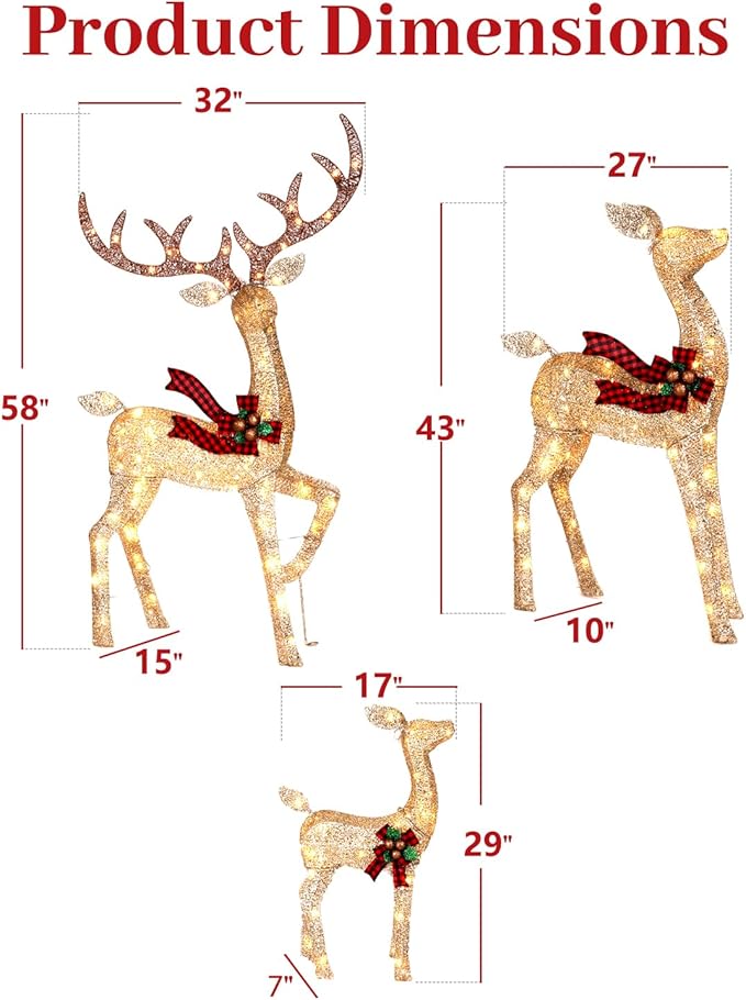3-Piece Large Lighted Christmas Deer Family Set, 3D Reindeer Christmas Indoor and Outdoor Decoration with 225 Warm White LED Lights, Ground Pegs, Cable Ties. Suitable for Patio Garden Party-Champagne