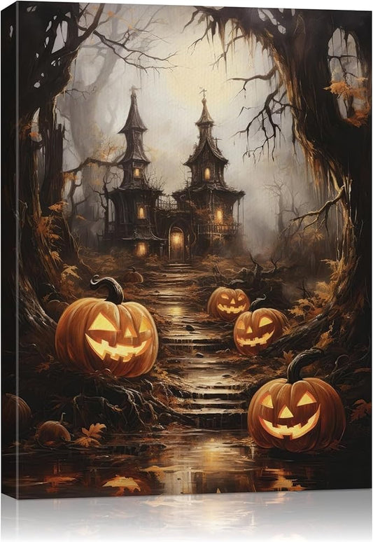 AbcCustomize Halloween Canvas Wall Art - Spooky Haunted House & Eerie Pumpkins Poster, Gothic Fall Decorations for Home, Vintage Halloween Decor Indoor for Living Room, Bedroom & Party