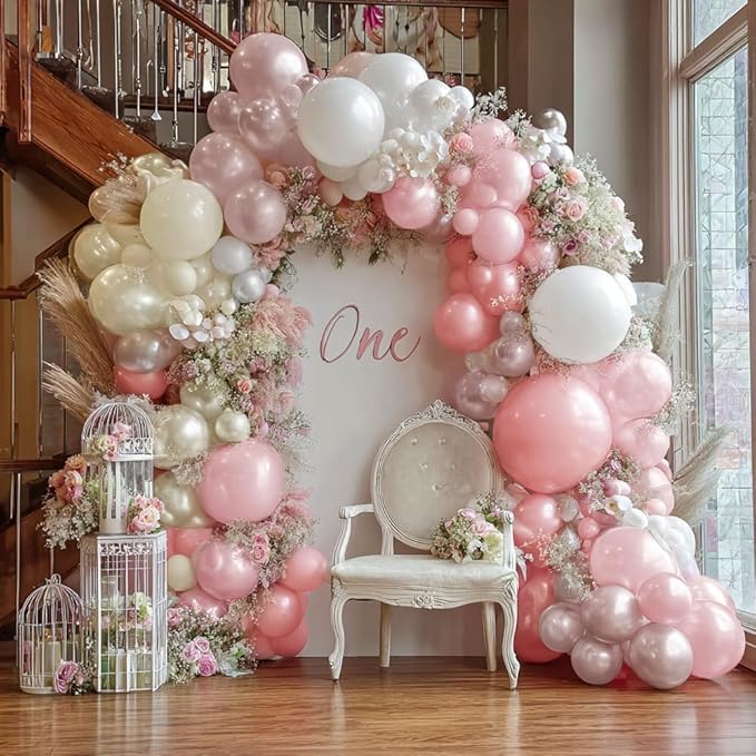Pearl Pink White Balloon Arch, Double Stuffed Light Pastel Pink White Sand Balloons Dusty Pink Balloon Garland Kit for Wedding Birthday Baby Shower Bridal Decorations