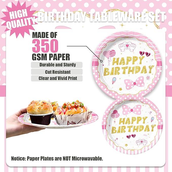 168pcs Pink Mouse Party Supplies Cartoon Mouse Birthday Decorations Paper Plates and Napkins Tableware Set for Girls 1st 2nd 3rd 4th 5th Birthday Party Supplies 24 Guests