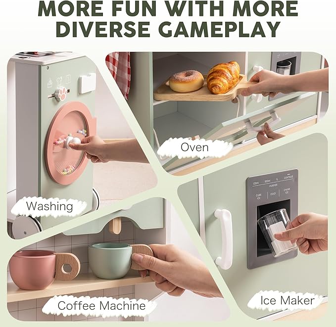 ROBOTIME Wooden Play Kitchen for Kids, Pretend Kitchen Set with Ice Maker, BBQ, Lights & Sounds, Toy Kitchen for Toddlers Ages 3+, Kitchen for Boys and Girls