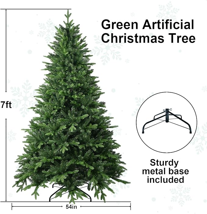 7 FT Artificial Christmas Tree with 1971 PE&PVC Mixed Branch Tips, Unlit Hinged Premium Spruce Fake Xmas Trees, Green, Foldable Base