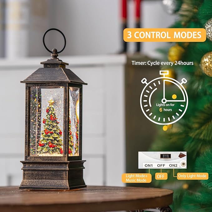 10'' Lighted Christmas Tree Cardinal Music Snow Globe Water Lantern with Swirling Glitter Decoration for Christmas Home, Living Room, Battery Operated or USB Powered
