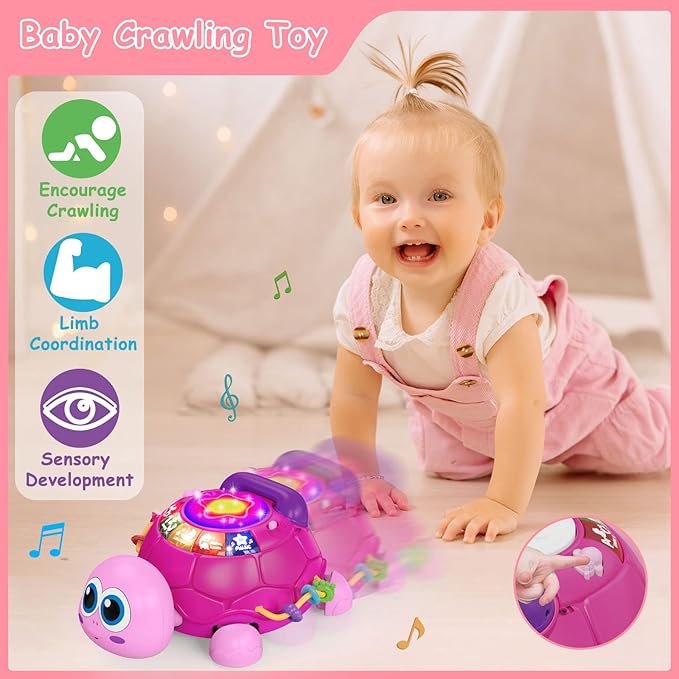 Hanayo Baby Musical Turtle Crawling Girl Toys for 6-18 Months，Infant Early Learning Educational Toy，Baby Girl Gift Essentials for Newborn 7 8 9 11+ Months 1-2 Year Old(Pink)