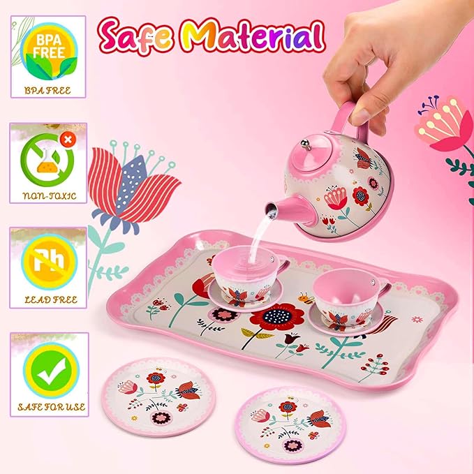 Tea Set for Little Girls, Birthday Gift for Age 3 4 5 6 Year Old, Toddler Toys Tea Party Set for Little Girls, Princess Kids Kitchen Pretend Toy with Tin Tea Set, Desserts & Carrying Case